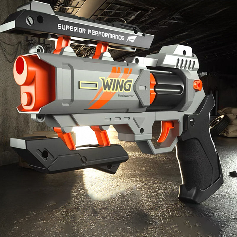 爆裂機甲左輪 ナーフ系 APEXのウイングマン風の銃 単発式 ハンドガン風おもちゃ銃 変形可能なおもちゃの銃 スポンジ弾 舞台用小道具 誕生日プレゼント