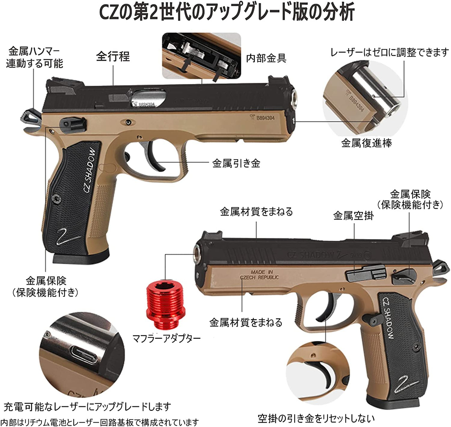 CZ75アップグレード版 カービンカバー ハンドガン風おもちゃ銃 CZSHADOW2 排莢式 銃口が詰まっているので（安全だ）.レーザーを発射することができますトレーニング用科学教育玩具 正規品