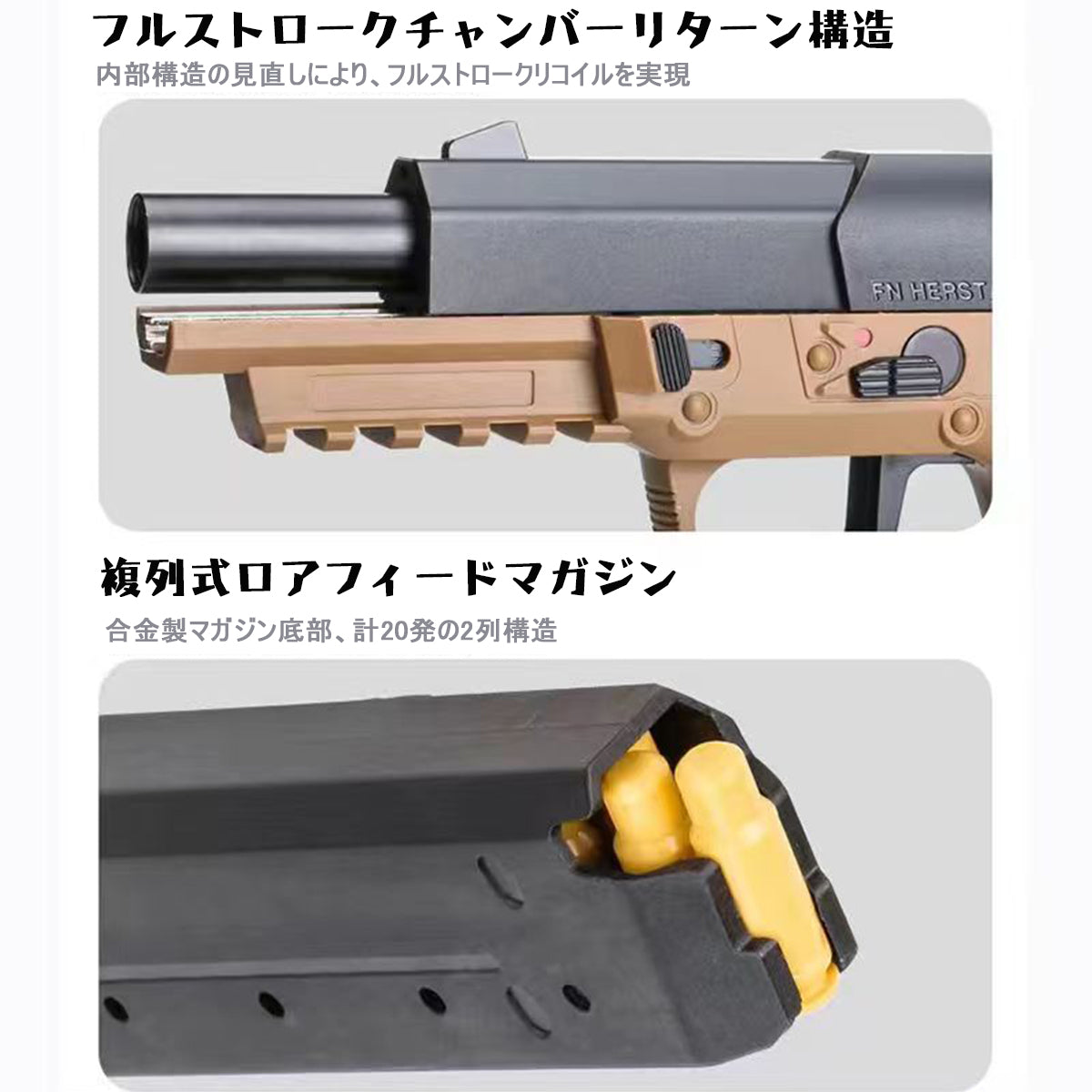 FN57 made by M (MoliFang) New structure shell ejection type finger action blowback real cart laser gun continuous firing double column wave mounted laser head hand gun style toy gun 